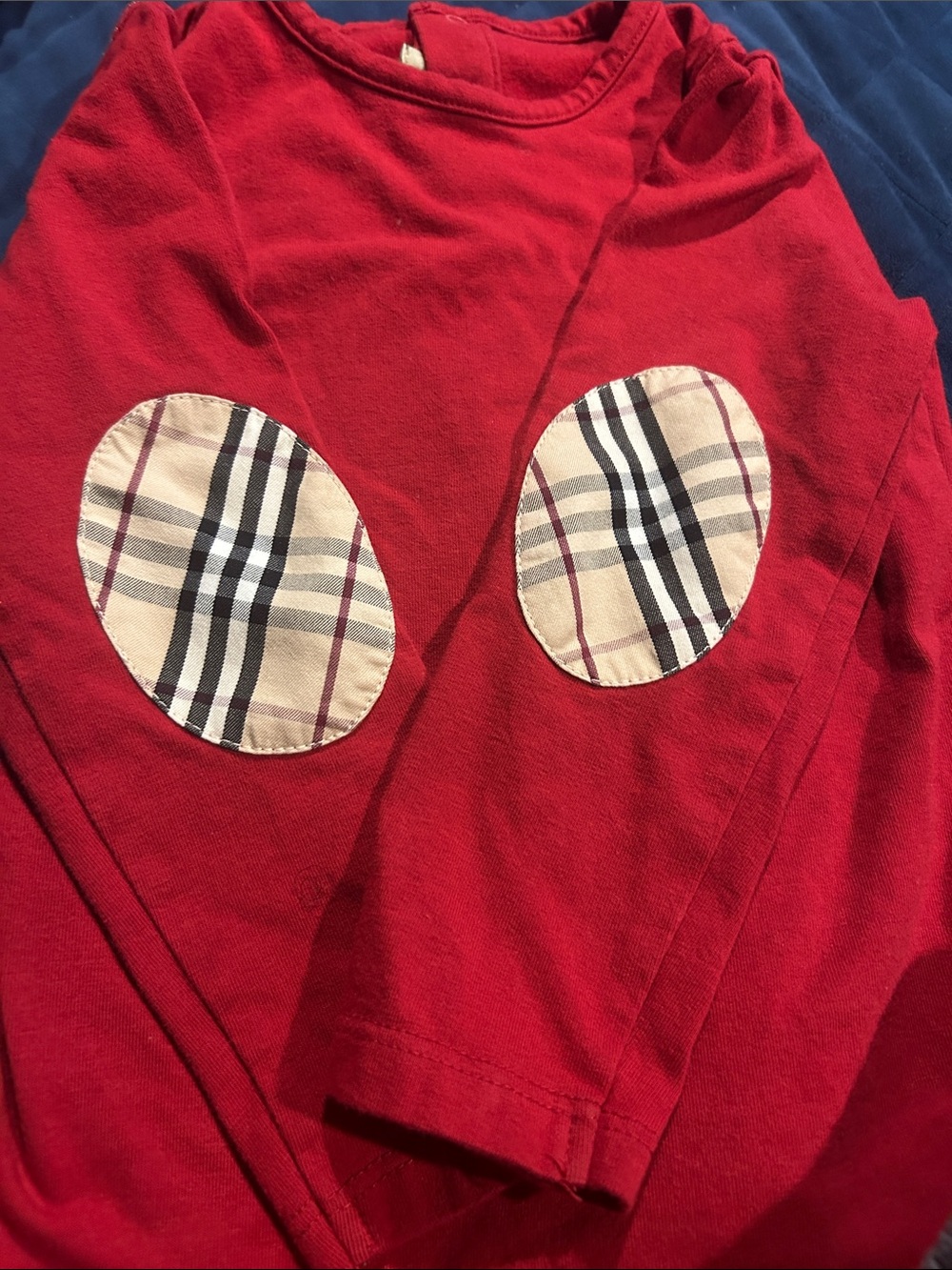 Burberry Red Long Sleeve Top with Plaid Elbow Patch - Picture 2 of 5